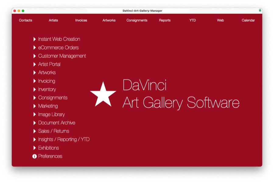 Davinci Art Gallery Software Menu