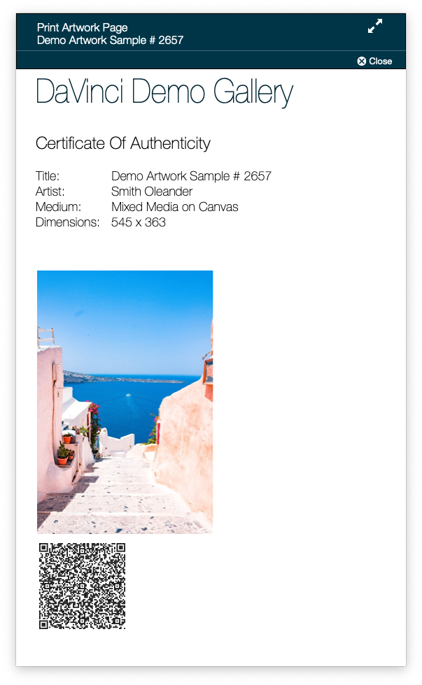 DaVinci Art Gallery Manage Software - COA Certificate of Authenticity